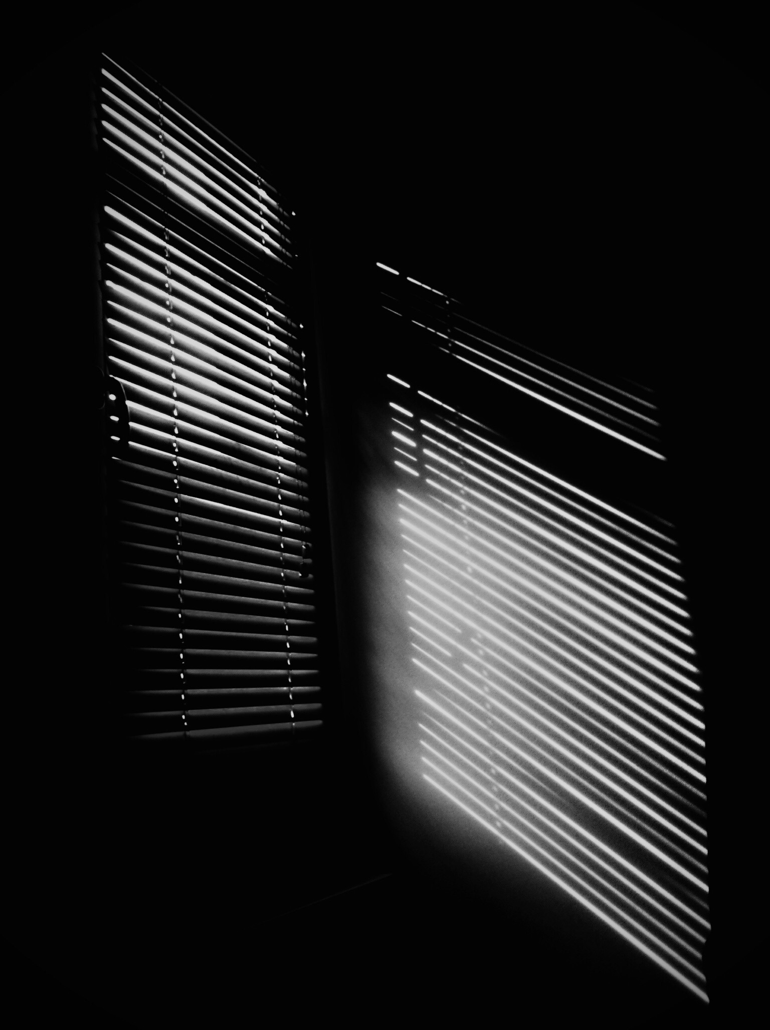 Fekete-fehér fénykép, amin egy ablak a falra vetülő árnyékai látszanak