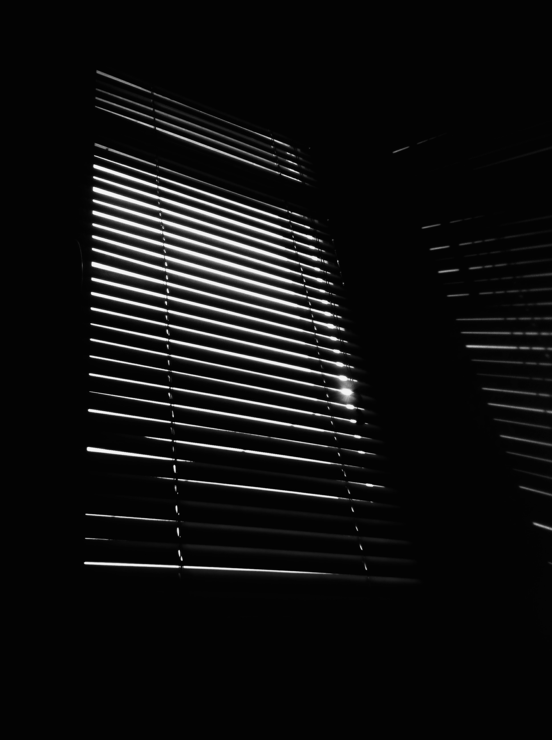 Fekete-fehér fénykép egy ablakról, és a rajta lévő sötétítő sziluetjéről