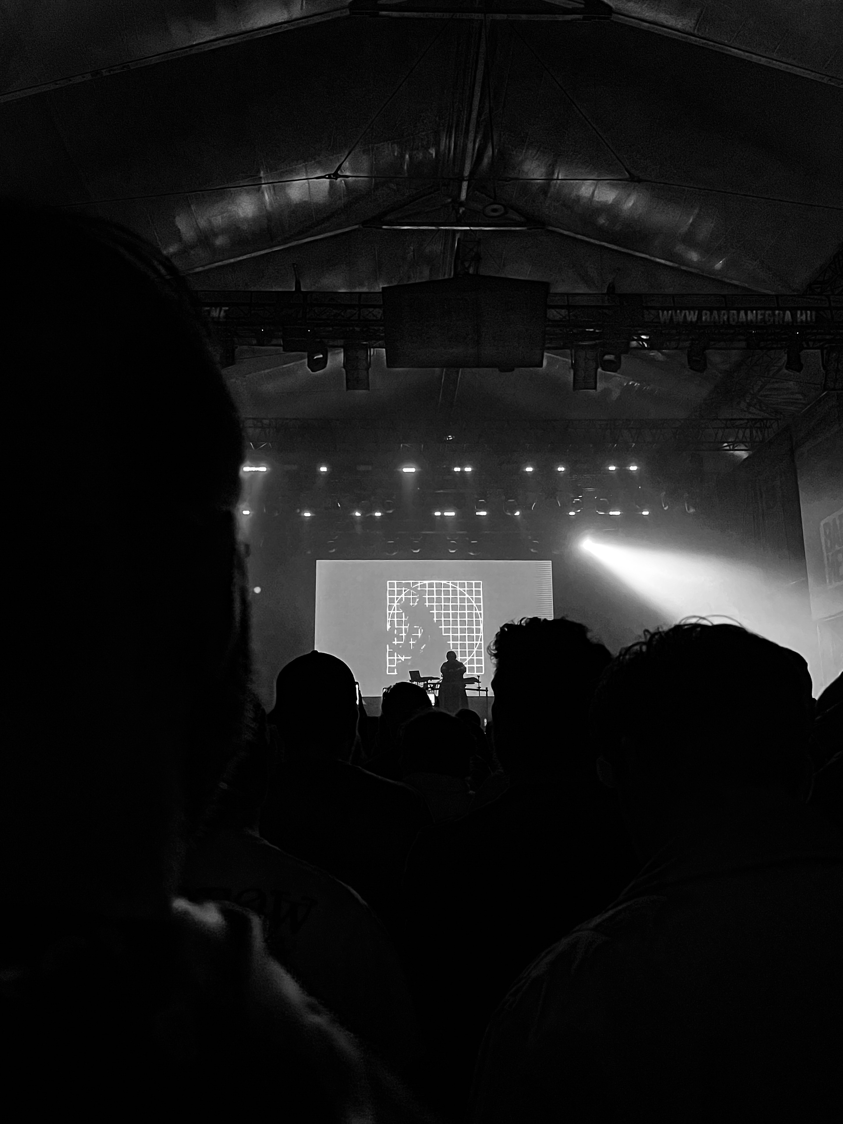 Fekete-fehér fénykép egy koncert nézőiről