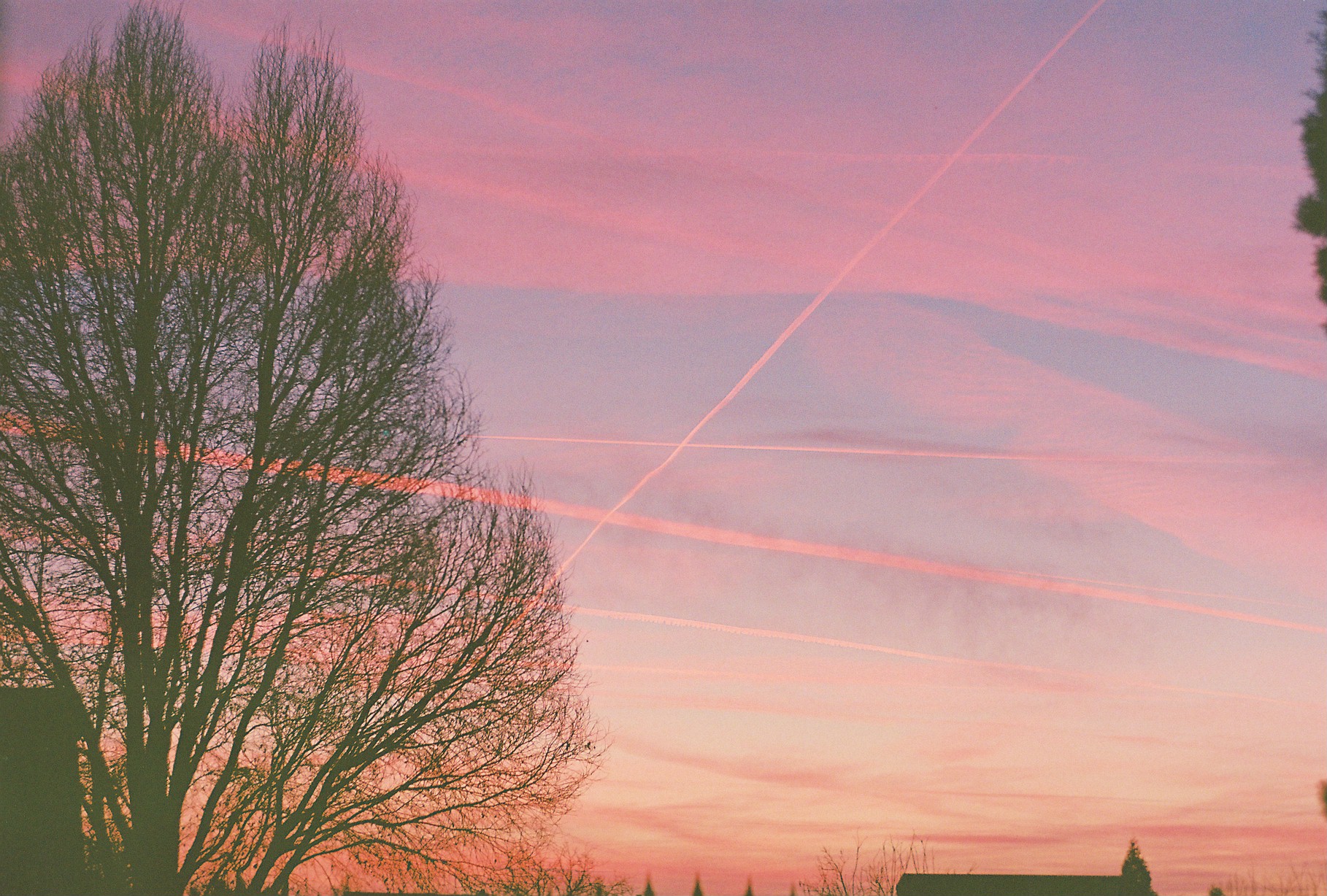 Rózsaszín kondenzcsíkok a naplementében